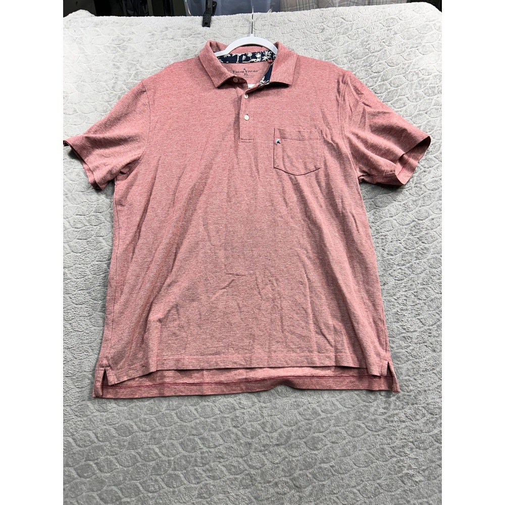 Tailor Vintage Men's Polo Shirt XL Stretch Cotton Heathered Red Palm Print Trim